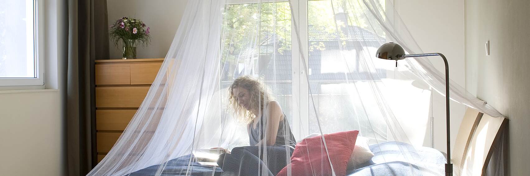 蚊帳可以預防昆蟲，可以粘在您家臥室的天花板上，或者在旅途中使用。