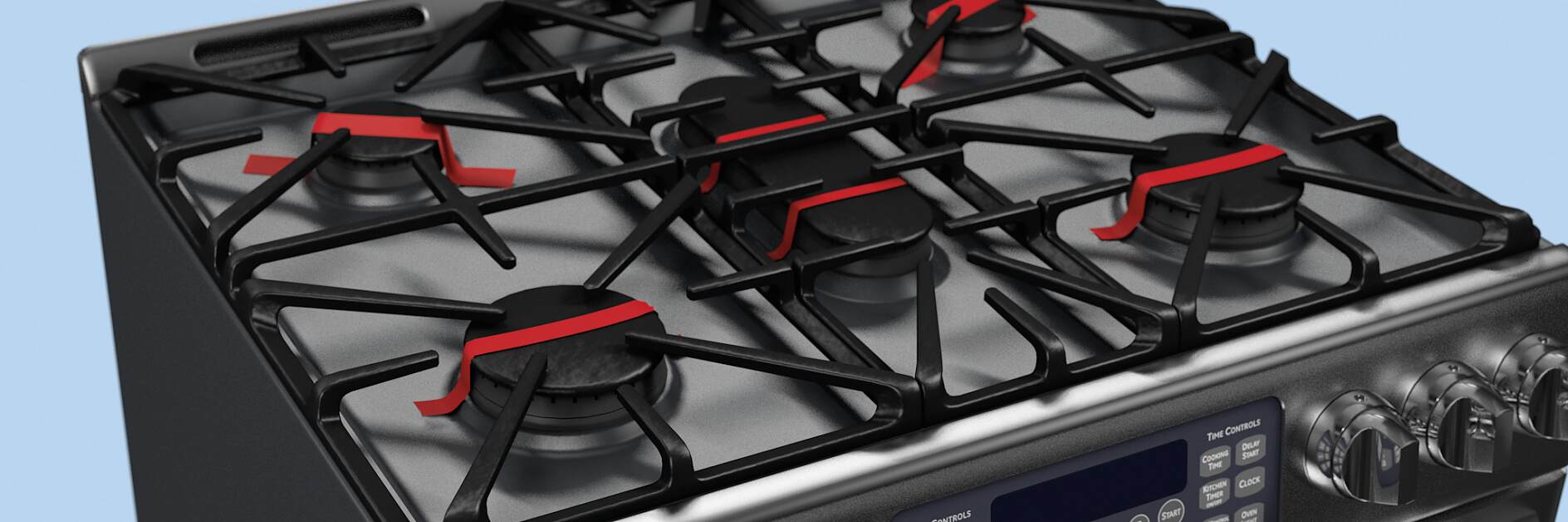 在運(yùn)輸中，使用膠帶固定金屬爐灶面。