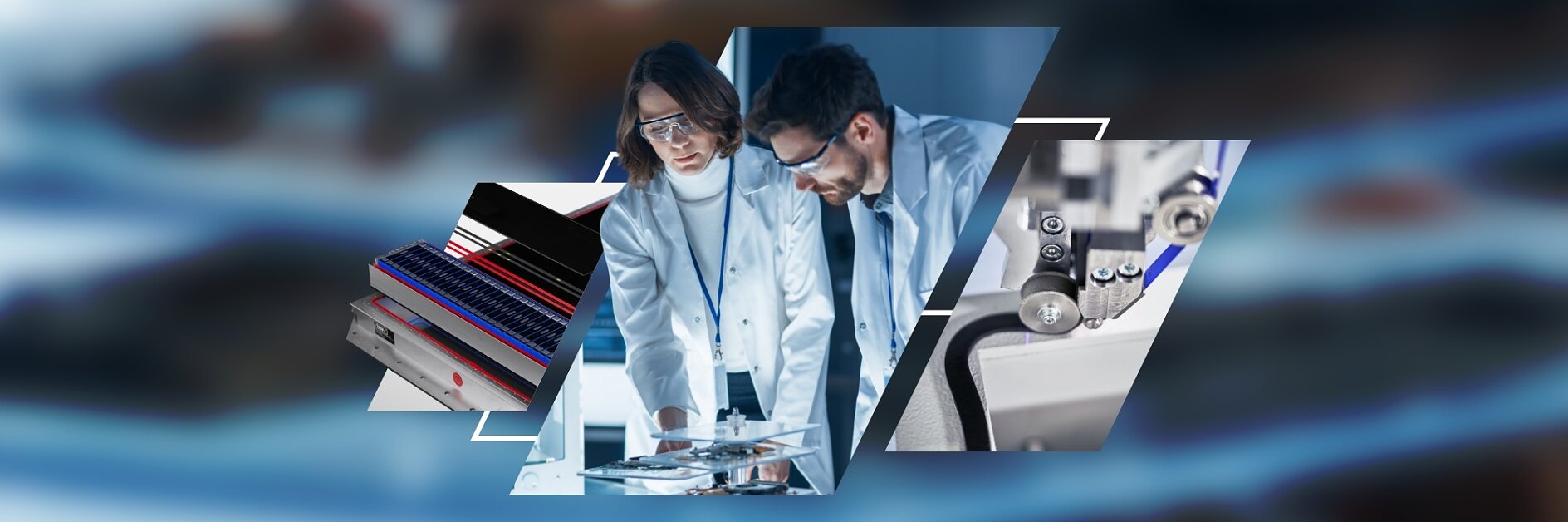 Two scientists in lab coats and safety goggles analyze samples, surrounded by images of lab equipment and test samples. The background includes various scientific instruments and materials, including tesa tape, creating a collage effect. (This text has been generated by AI)