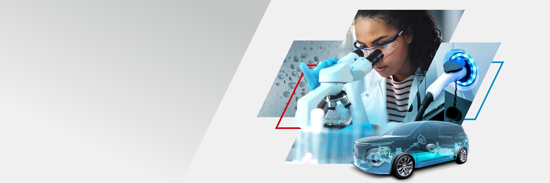 A scientist looks through a microscope, wearing protective goggles. Next to her is a digital rendering of a car with visible internal systems. The background features geometric shapes and a gradient from grey to white. (This text has been generated by AI)