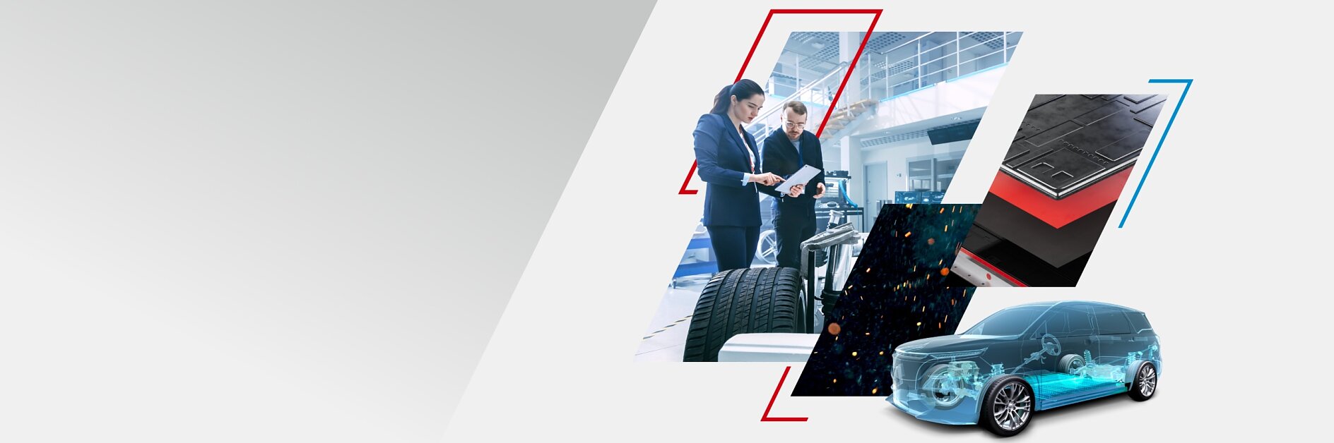 Two people in business attire stand in a modern office near tires, examining documents. Beside them are overlaid images of tire treads and a transparent car showing internal components, with the added detail of using tesa tape for assembling or securing these parts. (This text has been generated by AI)