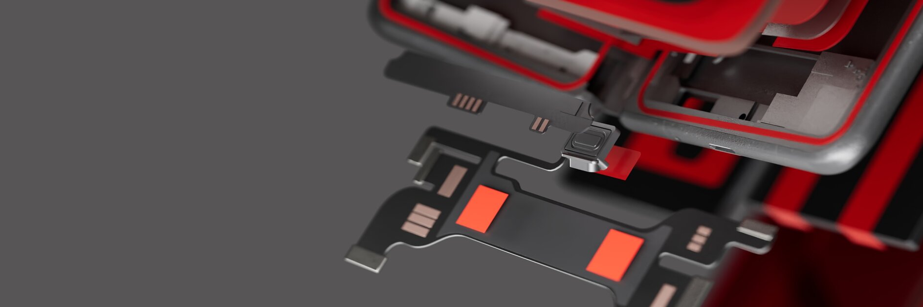 Close-up of a partially disassembled electronic device with exposed components, some secured with tesa tape, and colored casing. (This text has been generated by AI)